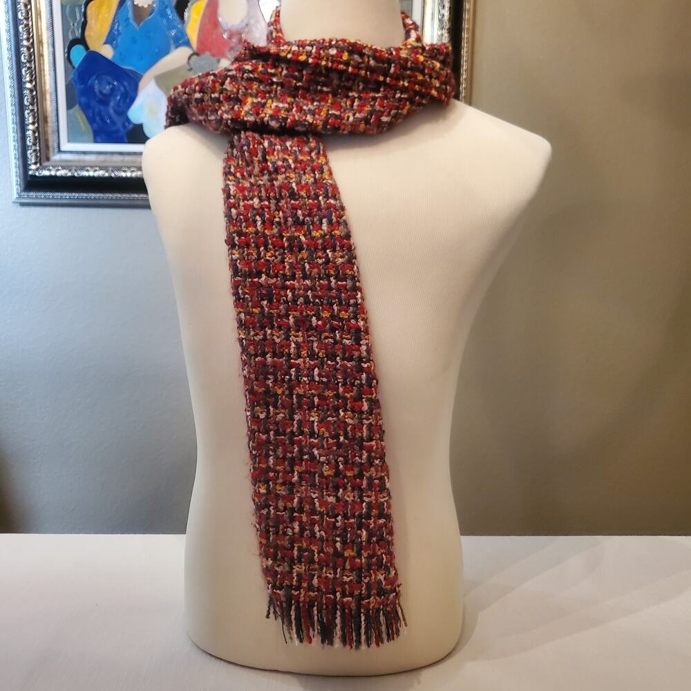 Women Tweed Scarf Multicolored Red Woven Fringe Ends Rectangle Knit Wrap Muffler